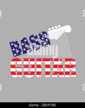 Bassgitarren-Grafik-Typografie im grunge-Stil patriotisch, rot weiß und blau mit amerikanischem Flaggenmotiv. Musikillustration für Bassgitarsten und r. Stockfoto