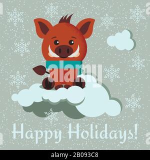 Grußkarte mit süßem Wildschwein mit Schal und Winterwolken auf schneebedecktem Hintergrund. Stock Vektor