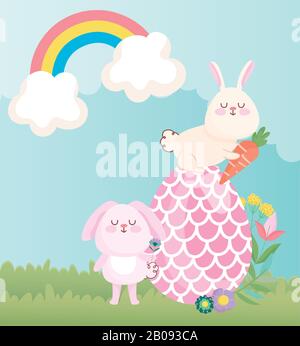 Fröhliche osterkaninchen mit großen Ei-Blumen Regenbogendekoration Vektorgrafiken Stock Vektor