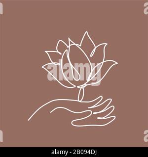 Botanische Linienillustration. Einzeilige Logo. Einladung zur Hochzeit. Blume in Linien. Prote Tulip Rose Magnolia Peony und Leaf Stockfoto