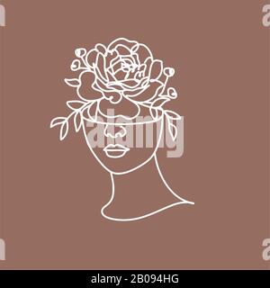 Abstraktes Gesicht mit Blumen in einer Linienvektorzeichnung. Minimalistischer Hochformat. Botanischer Druck. Natursymbol der Kosmetik. Modernes Dauerli Stockfoto