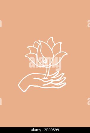 Zeichnung der natürlichen Linie der Frau. Mädchen mit Blättern Vektor. Natur Speichern. Erdtag. Abstraktes Gesicht mit Blumen in einer Linienvektorzeichnung. Minimalistisches Porträt Stockfoto