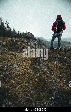Männliche Wanderer auf einem Berg und die Aussicht genießen im Winter Stockfoto