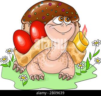 Vektordarstellung Heppy Easter, osterschildkröte trägt rote Eier und eine Kerze Stock Vektor