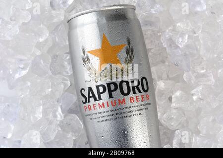 Irvine, CA - 12. JANUAR 2015: Eine Dose Sapporo-Bier auf einem Eisbett. Die japanische Brauerei wurde im Jahr 1876 von dem deutschen Brauer Seibei gegründet Stockfoto