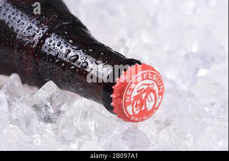Irvine, KALIFORNIEN - 14. Dezember 2017: Fat Tire Amber Ale-Flasche auf Eis. Von der New Belgium Brewing Company in Fort Collins, Colorado. Stockfoto