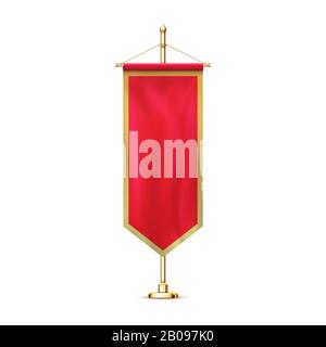 Leerer roter Wimpelfahne verspottet Banner hängender goldener Rackpfahl realistische modische Retro-Illustration Stock Vektor