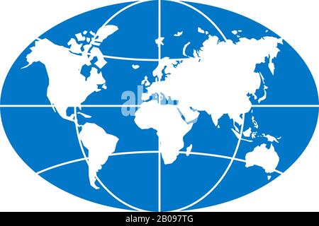 Weltplanetenkarte länglicher Kreis Ellipse blaues Symbol. Erdkontinente Erdkugel Vektor ovales isoliertes Symbol Stock Vektor