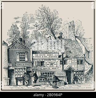 Eine historische Gravur, die das White hart Inn und Den Alten Canon Tap in Knightsbridge, London, Großbritannien um 1850 zeigt. Das angebaute Wein- und Spirituosengewölben war früher eine Zimmermannshandlung (um das Jahr um das Jahr um das Jahr um das Jahr (um die Jahre), bevor die Kneipe erweitert wurde, die sich ebenfalls in ein Haus rechts neben dem Bild ausdehnte. Das gasthaus war ein beliebtes Wasserhaus für Hackneywagen und wurde von örtlichen Trägern und Trägern frequentiert. Hart ist die Bezeichnung für einen reifen Hirsch ( Es war das persönliche Abzeichen von König Richard II.). Knightsbridge, früher ein kleiner Weiler, ist heute ein hochklassiger Wohn- und Einzelhandelsteil der Stadt. Stockfoto