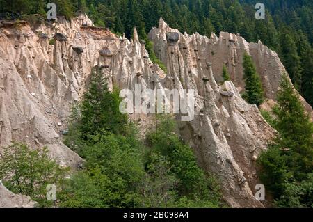 Piramidi di di terra di Perca, Erdpyramiden von Perca (bei Brunico), Pustertal, Trentino Alto Adige, Italien Stockfoto