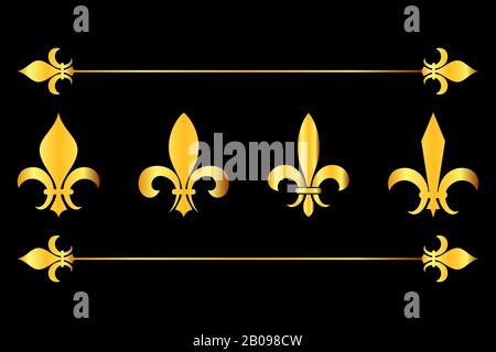 Golden Vector fleur de lys Design Elements Black background. Französische Illustration der Blumenlilie Stock Vektor