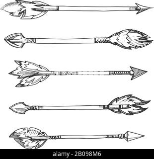 indianische Pfeile. Mit Vektorhand gezeichnete dekorative Elemente im Boho-Stil. Weapon american aztec, Pfeil mit Feder, Pfeile für die Hüftelemente Stock Vektor