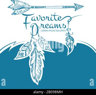 ethno-aztec-vektorposter mit indianischem Motiv, T-Shirt-Design mit Stammes-Pfeilen und Federn. indianisches Tribal-Modebanner, Druck für T-Shirt mit indianischer Pfeil-Illustration Stock Vektor