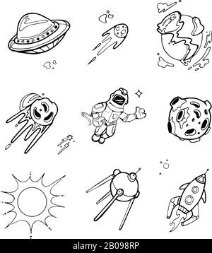 Planeten, Raketen, Raumschiffe, ufo, Sterne, Astronaut, außerirdischer Vektor in Skizze gesetzt, handgezeichneter Stil. Satellitenrakete und Meteor, Sonnen- und Raumschiff-Raketenabbildung Stock Vektor