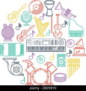 Poster mit Vektormusik und Liniensymbolen für Musikinstrumente. Konzertinstrumente in Form rund. Illustration von Gitarre, Trommel und Mikrofon Stock Vektor