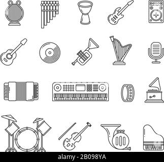 Musikkonzertinstrumente - dünne Linien - Vektorsymbole. Instrumentensatz Gitarre Klavier und Violine, Illustration des klassischen Instruments Stock Vektor