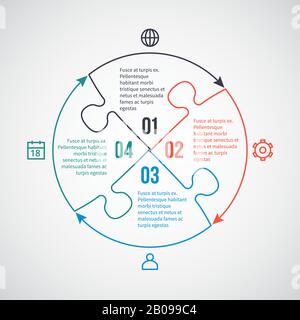 Business Infografik Vektorvorlage mit Liniensymbolen, Puzzleelementen für 4 Optionen, Teile, Schritte, Prozesse. Infografik zu linearen Puzzles, Abbildung eines Plans mit Puzzle-Verbindung Stock Vektor