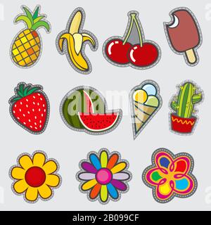 Retro-Badge-Aufnäher, witzige Vektor-Trendaufkleber. Badge Farbe Blume und Erdbeeren, Abbildung der Stickplakette Wassermelone und Eis Stock Vektor