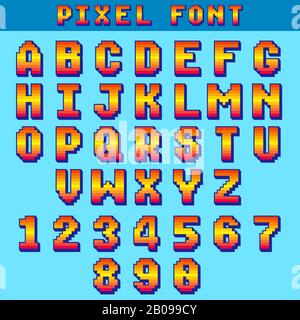 Pixel 8-Bit-Buchstaben und Zahlen Vektor-Spielschrift, digitales Alphabet, Schriftart. Abbildung mit Alphabet- und Ziffernschrift Stock Vektor
