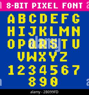 Retro Video Spiel Pixel Buchstaben und Zahlen Schrift, digitales Alphabet, Typ. Pixel-Alphabet-Typ, Pixelabbildung für Zahlen- und lateinische Buchstaben Stock Vektor