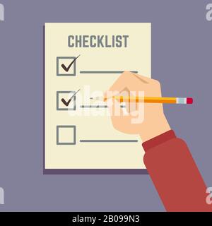 Handhaltiger Bleistift mit Zwischenablage-Checkliste flache Vektorgrafiken. Checkliste, Fragebogen oder Checkliste Stock Vektor