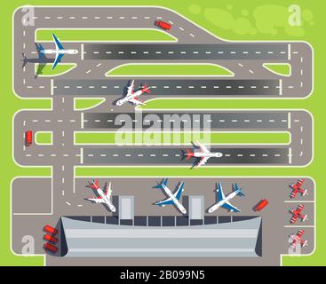 Flughafen mit Passagierterminal, Flugzeug, Hubschrauber, Vektor-Darstellung von oben. Flughafenterminal, Landebahn für Landeanflug zum Flughafen Stock Vektor