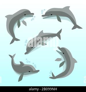 Niedliche Delfine in verschiedenen Posen Vektor. Delfin-Set im Meer, Schwimmen lustige Delfine Illustration Stock Vektor
