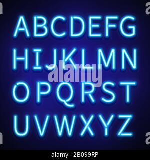 Leuchtende Neonlichter Vektorzeichen, Satzzeichen, Buchstaben, Schrift. Neon-Alphabet-Stil, beleuchtete Darstellung des Retro-Alphabets Stock Vektor
