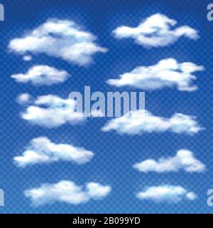Realistische Vektorwolken isoliert auf kariertem Hintergrund. Satz Wolken in blauem Himmel, Darstellung des Wetters mit weißen Wolken Stock Vektor