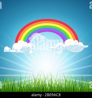 Vektorregenbogen und Wolken blauer Himmel und Gras. Hintergrund farbenfrohe Abbildung Wetterdarstellung Stock Vektor
