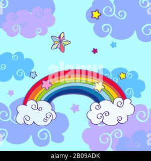 Vektor handgezeichneter Cartoon Regenbogen und Wolken. Tag mit magischen Wolken Illustration Stock Vektor