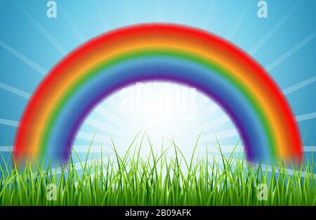 Strahlender Regenbogenblauer Himmel mit aufsteigender Sonne und grünem Gras. Wiesenhintergrund mit Regenbogen, Vektordarstellung Stock Vektor