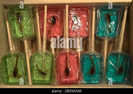 Scorpion Sauger zum Verkauf in Arizona, USA. Lollipops mit süßem Aroma, die einen echten Skorpion enthalten. Stockfoto