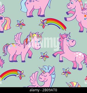 Pastellfarbenes Vektor-Muster, handgezeichnete Einhörner, nahtloses Muster. Hintergrundwunder und Fantasy-Illustration Stock Vektor