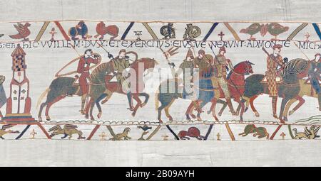 Bayeux Tapestry Szene 16: Harold reitet mit Herzog William, um Conan, Herzog von Britany, zu bekämpfen. BYX16 Stockfoto