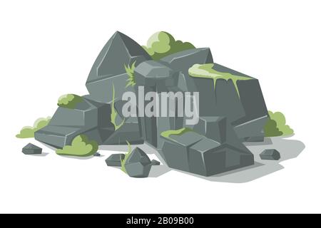 Graue Steine und Felsen Cartoon-Vektor Natur Felsbrocken mit Gras. Naturgeologie zeigt Schotterdarstellung Stock Vektor