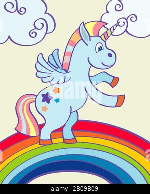 Vektorhand gezeichnetes Einhorn, das auf einem Regenbogen tanzt. Vektorgrafiken Stock Vektor