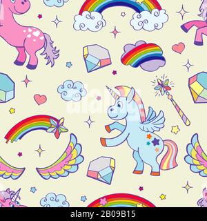 Vector handgezeichnetes Unicorns nahtloses Muster. Hintergrundillustration für Feentiere Stock Vektor