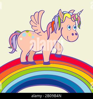 Vektorhand gezeichnetes Einhorn, das auf einem Regenbogen steht. Zeichentrickfiguren Tierillustration Stock Vektor