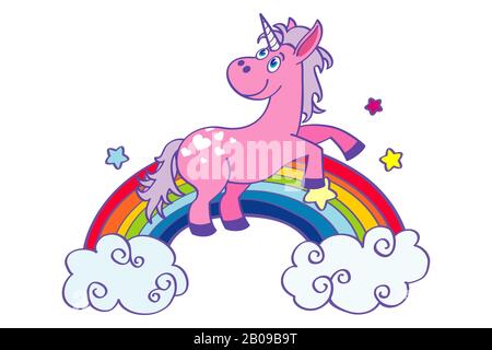 Handgezeichnetes, rosafarbenes Einhorn, das auf einem Regenbogen tanzt. Glückliches Pony, Vektorgrafiken Stock Vektor