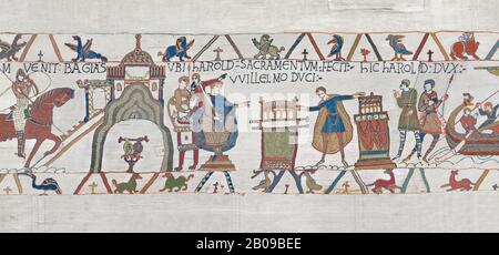 Bayeux Tapestry Szene 23 : Vor dem Herzog William berührt Harold 2 Reliqueries und schwört dem Herzog William die Treue. BYX23 Stockfoto