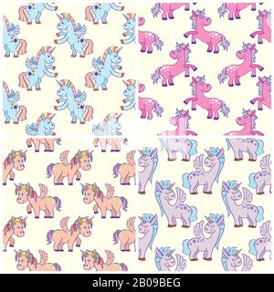 Vector handgezeichnete Unicorns nahtlose Muster festgelegt. Hintergrund Magic Animals Illustration Stock Vektor