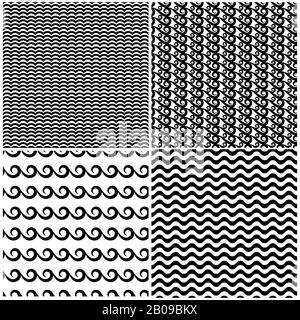 Satz von Schwellen und Wellen nahtlose Muster in Schwarz-Weiß. Darstellung des Ozeans der Texturwelle Stock Vektor