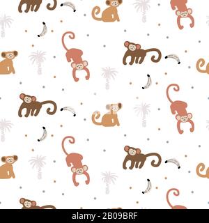 Süßes, lustiger Affe mit nahtlosem Muster. Kindliche Affen im Bananenmuster und Bandendesign. Stock Vektor