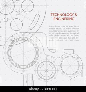 Abstrakte Vektortechnologie und technischer Hintergrund mit technischem, mechanischem Zeichnungsentwurf. Banner mit Mechanismus-Engineering, Blueprint Structure of Mechanism Illustration Stock Vektor