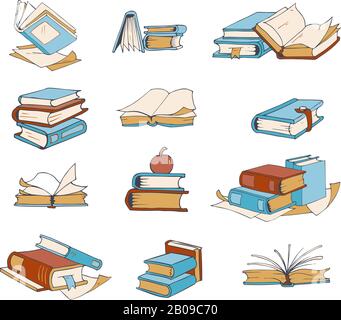Doodle Bücher, handgezeichneter Roman, Enzyklopädie, Geschichte, Wörterbuch-Vektorsymbole. Buchliteratur an die Schule, Bücher zum Lesen und zur Illustration im Bildungswesen Stock Vektor