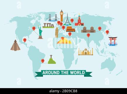 Wegmarken auf der Weltkarte Vektorgrafiken. Weltmonumente der Architektur stonehenge und kreml, internationale Denkmäler Stock Vektor