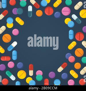 Medizinstabletten, Pillen, Medikamente, Kapseln. Gesunder Hintergrund des Vektorkonzepts. Farbige Tablette und Pille, Abbildungen von pharmazeutischen Vitaminkapseln Stock Vektor