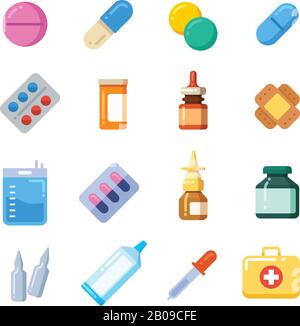 Medicine Cartoon Pille, Medikament, Tisch, Antibiotika, Medikationsdosis flache Symbole. Farbsymbole Medikament für Medikamente, Abbildung von Vitamin-chemischen Medikamenten Stock Vektor