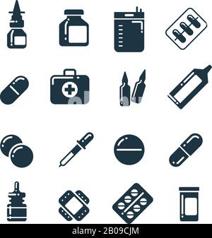 Medikationspharmakologie Pillen, Tabletten, Medizinflaschen Vektorsymbole. Medizinische Medikamente Flasche und Kapsel, Abbildung des Medikaments der Apotheke Stock Vektor